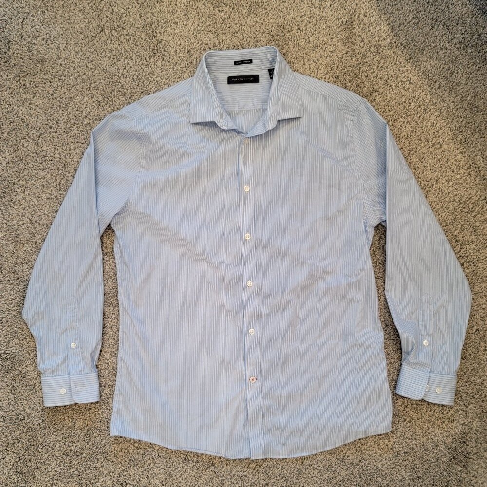 Tommy Hilfiger Blue Stripe Long Sleeve Button Down Shirt    Size 16 Slim Fit- 32